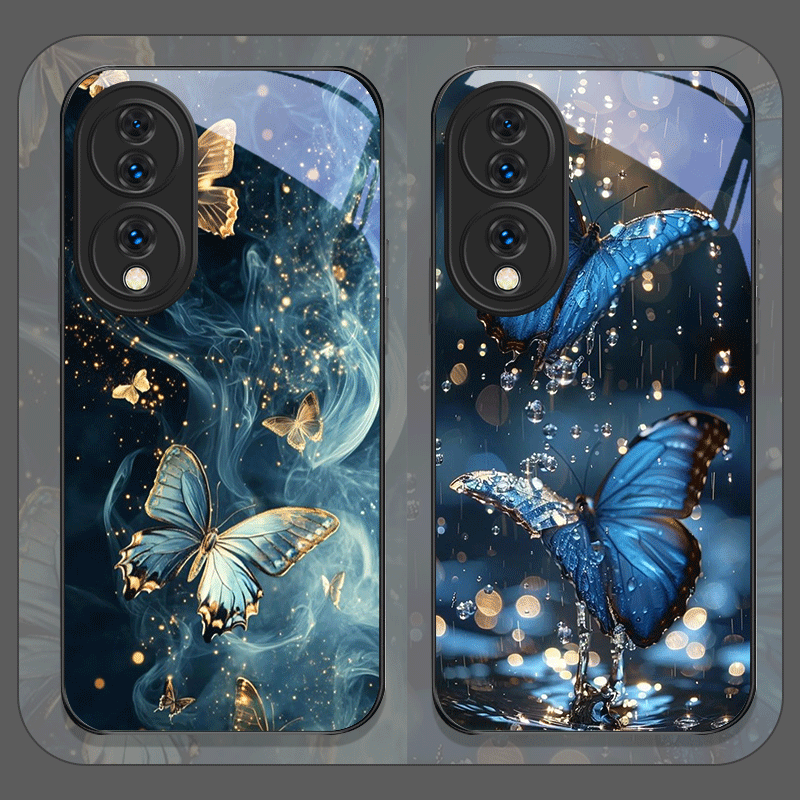 Huawei Nova 12 - Luxuriöse Blaue Schmetterling-Kunst Bedruckte Gehärtete Glas-Handyhülle